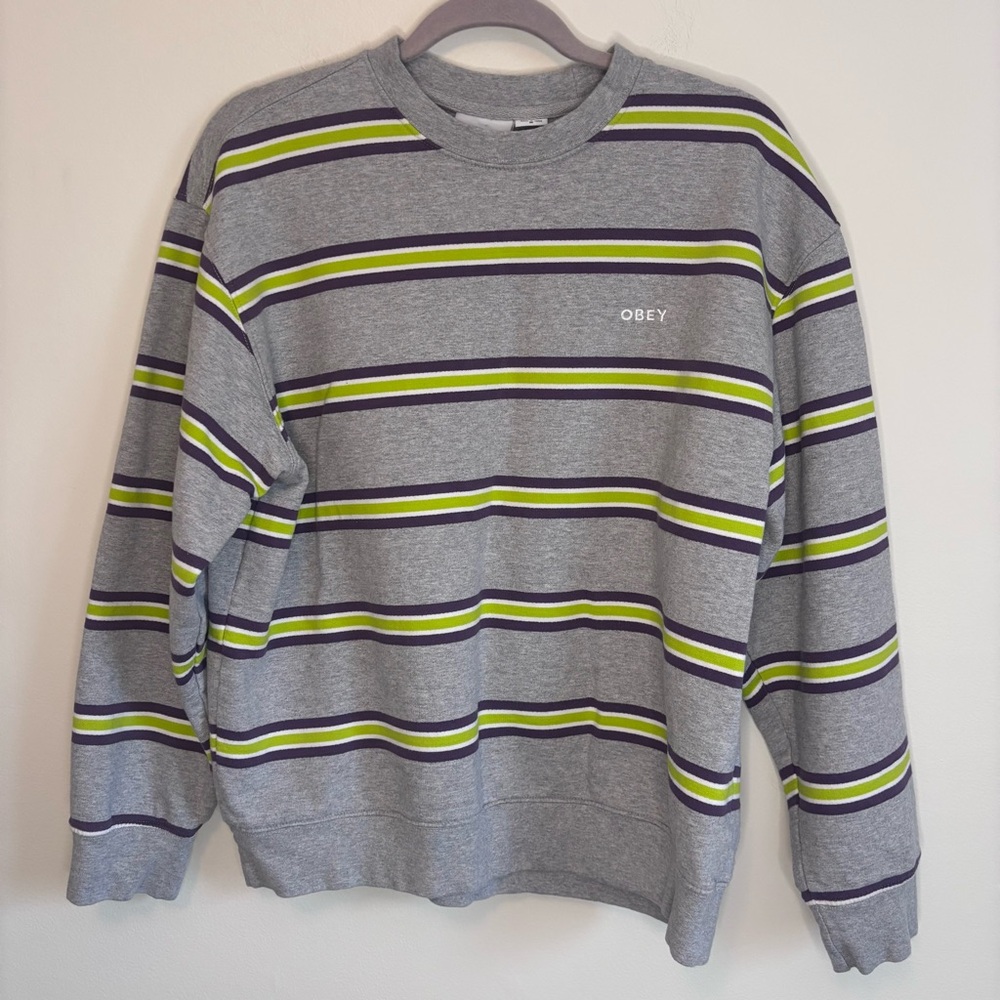 OBEY Mens Organic Crewneck Pullover Green & Purple Striped Sweatshirt M